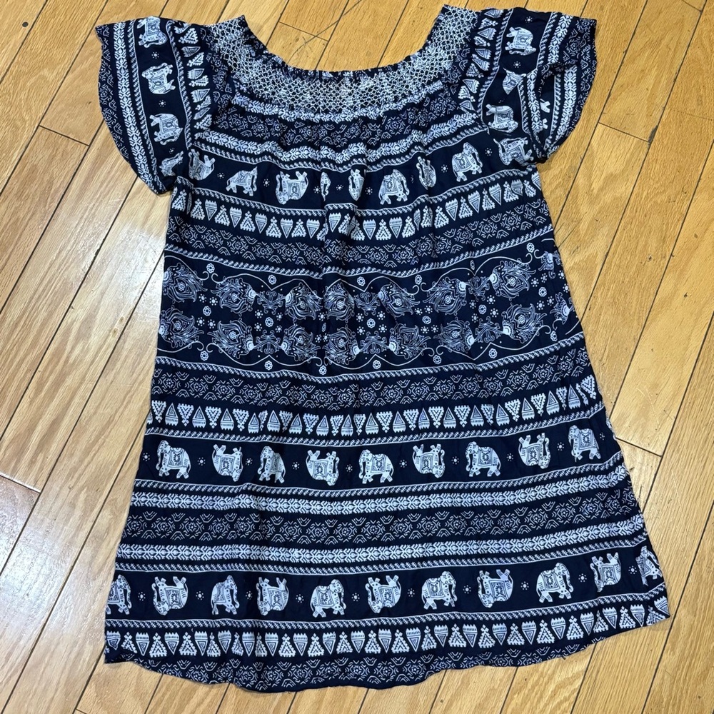 Lapogee Navy & White Elephant Print Boho Dress